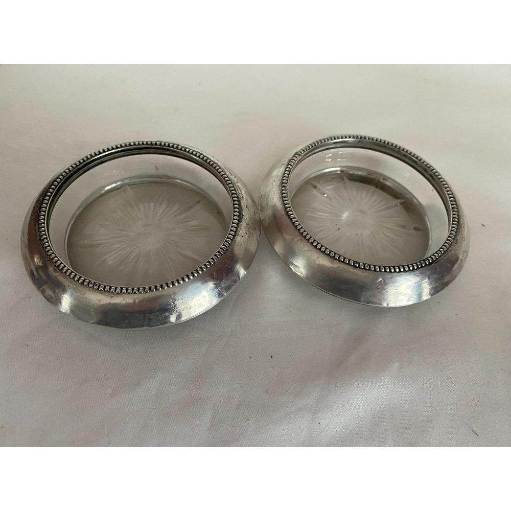 Mid-Century Sterling Silver and Starburst Crystal Drink Coasters, S/2 Frank M. W